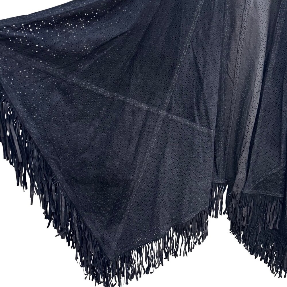 Suzanne Somers Vintage Boho Western Laser Cut Leather Fringed Poncho Wrap OS - Picture 6 of 10